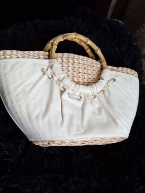 Amanda Smith Cream Canvas & Straw Tote with Bamboo Handles